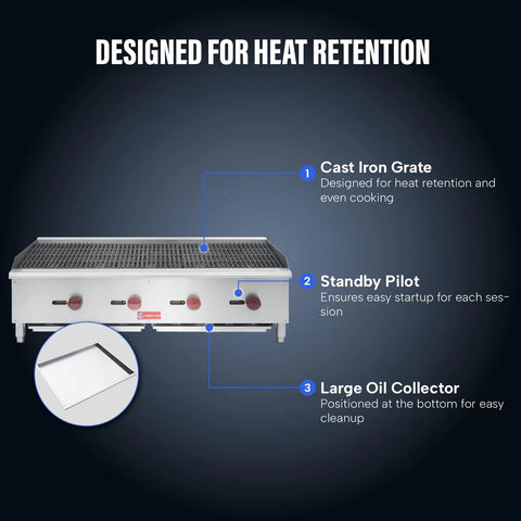 Commercial Charbroiler, WESTLAKE 48" Gas Countertop Radiant Charbroiler 4 Burner Char Broiler - 120,000 BTU