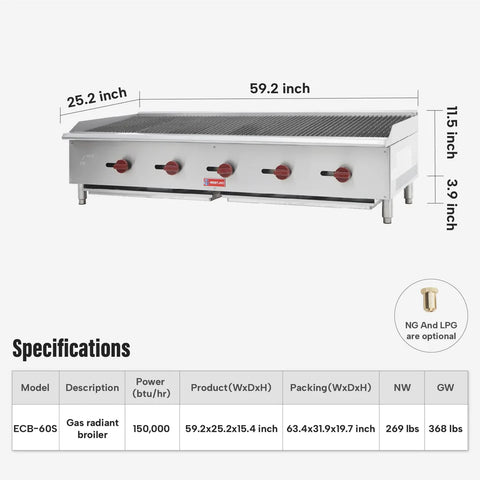 Commercial Charbroiler, WESTLAKE 60" Gas Countertop Radiant Charbroiler 5 Burner Char Broiler - 150,000 BTU