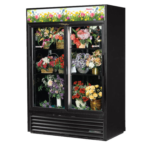 True GDM-47FC-HC-LD 54" Double Slide Glass Door Black Floral Merchandiser