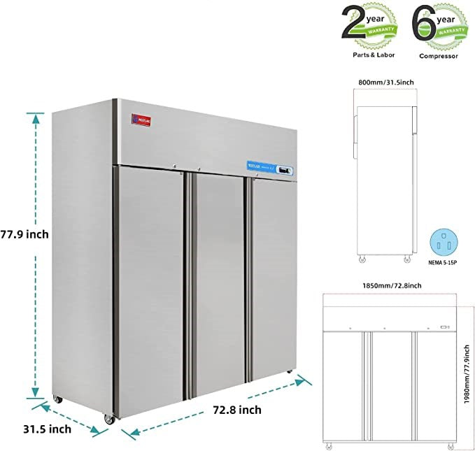 Commercial Reach in Freezer, WESTLAKE 2 door Commercial Freezer 49 Cu.ft  Stainless Steel Restaurant Upright Freezer